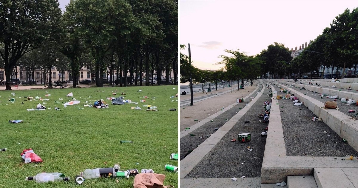 pelouse des Invalides à Paris et berges du Rhône à Lyon sous des tas de déchets