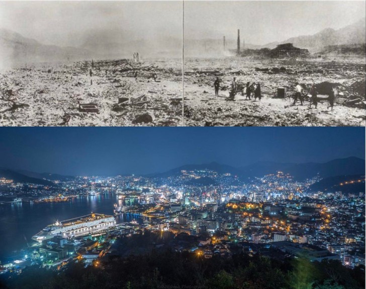 Nagasaki maintenant et juste après l'explosion atomique