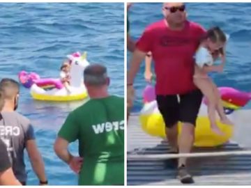 Une fillette sur sa bouée licorne sauvée par un ferry en Grèce.