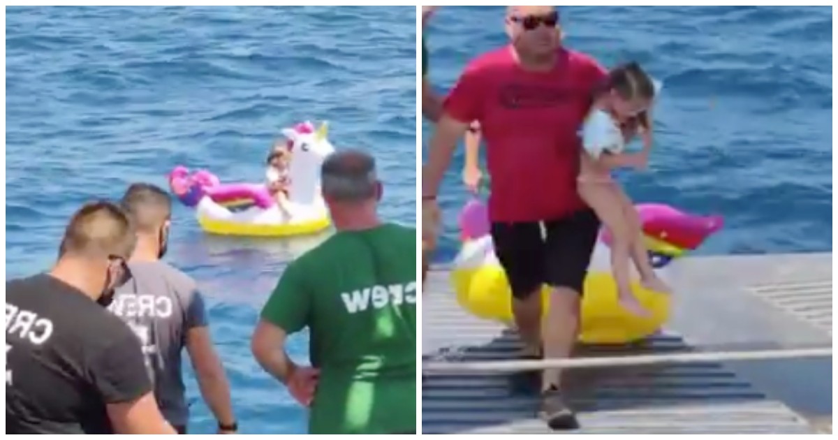 Une fillette sur sa bouée licorne sauvée par un ferry en Grèce.