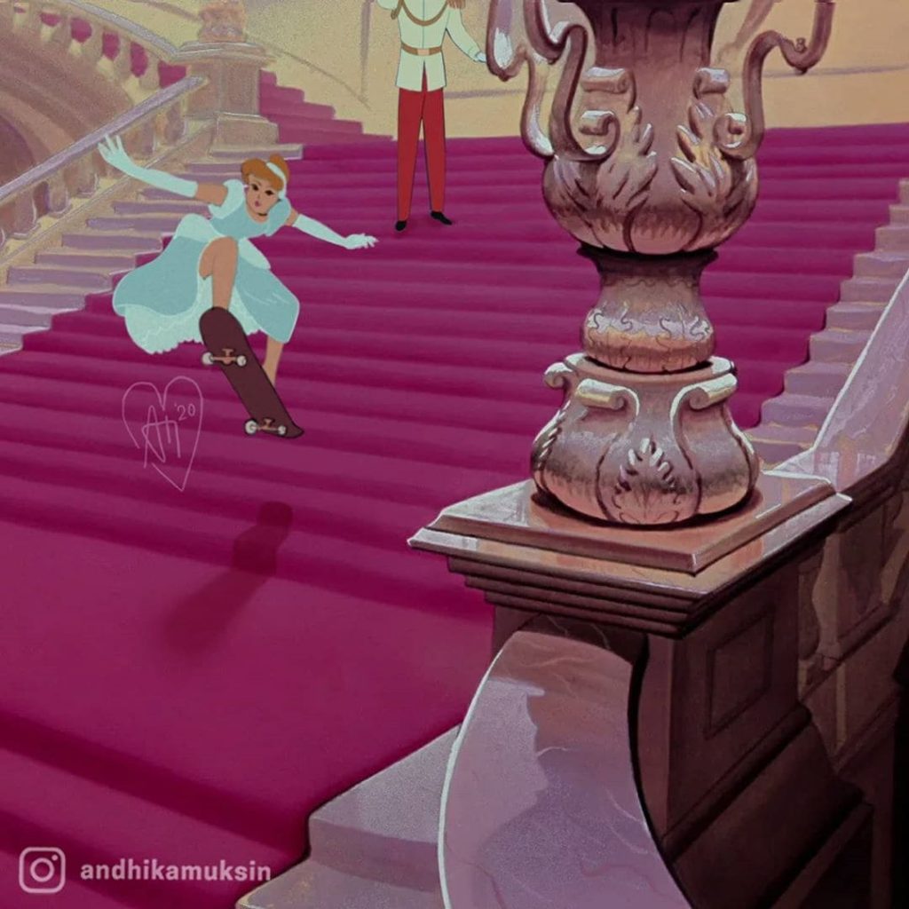 Andhika Muksin illustrations drôles princesses Disney vie réelle Cendrillon skateboard