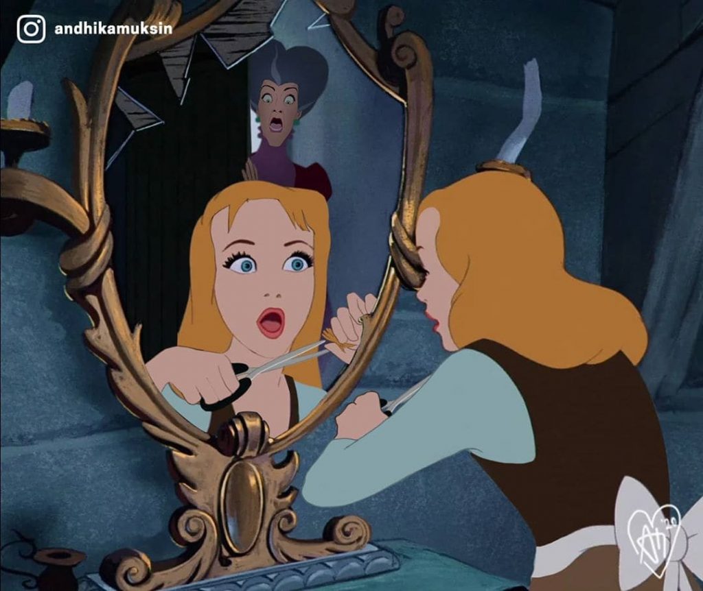 Andhika Muksin illustrations drôles princesses Disney vie réelle Cendrillon coupe cheveux