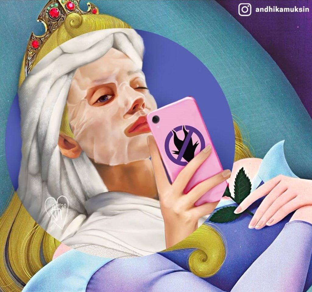 Andhika Muksin illustrations drôles princesses Disney vie réelle Belle masque visage