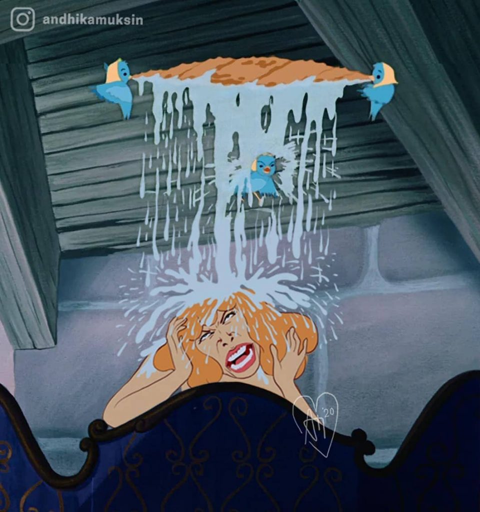 Andhika Muksin illustrations drôles princesses Disney vie réelle Cendrillon bain