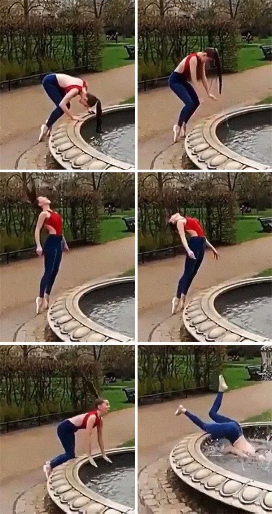 danseuse classique tombe dans fontaine