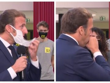 Macron pris d'une quinte de toux enlève son masque.