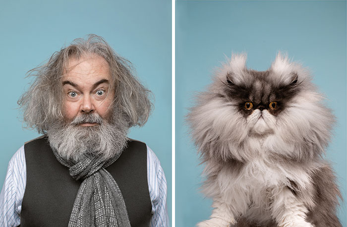 Un vieil homme et son chat aux poils longs et blancs