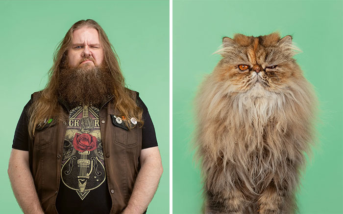 Un homme aux cheveux longs et son chat aux poils longs