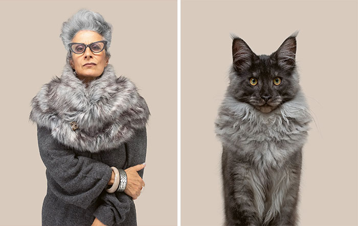 Une femme aux cheveux gris et son chat gris