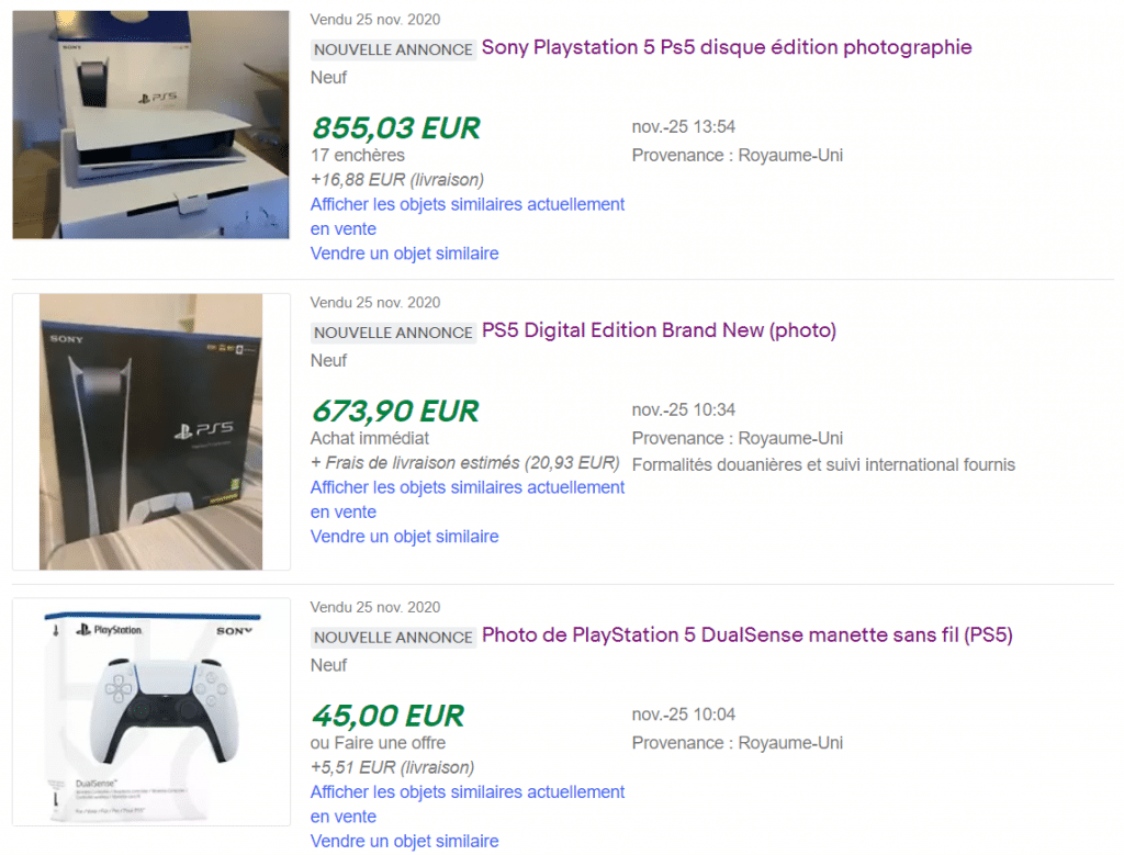 enchères sur ebay pour une photo de la PlayStation 5