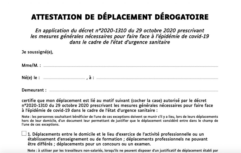 Attestation de déplacement dérogatoire