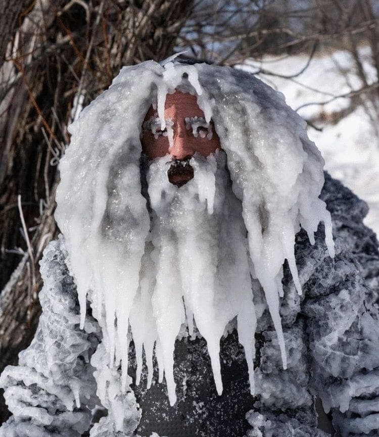 Un homme avec les cheveux et le visage gelé par le froid