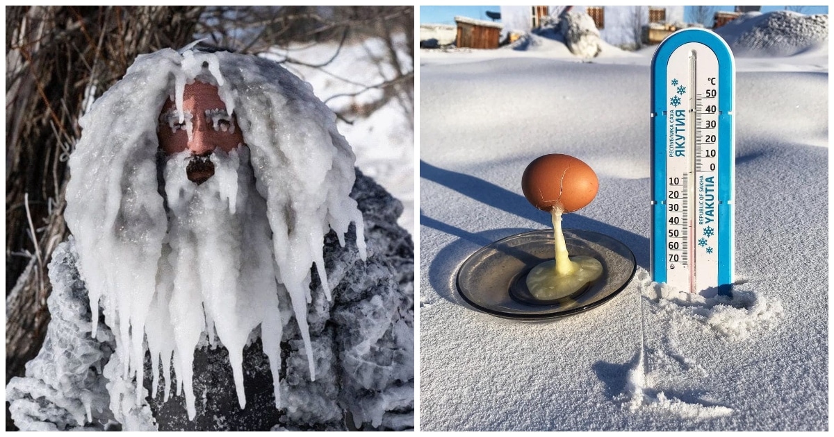 Photos de grand froid : un homme recouvert de glace et un oeuf gelé