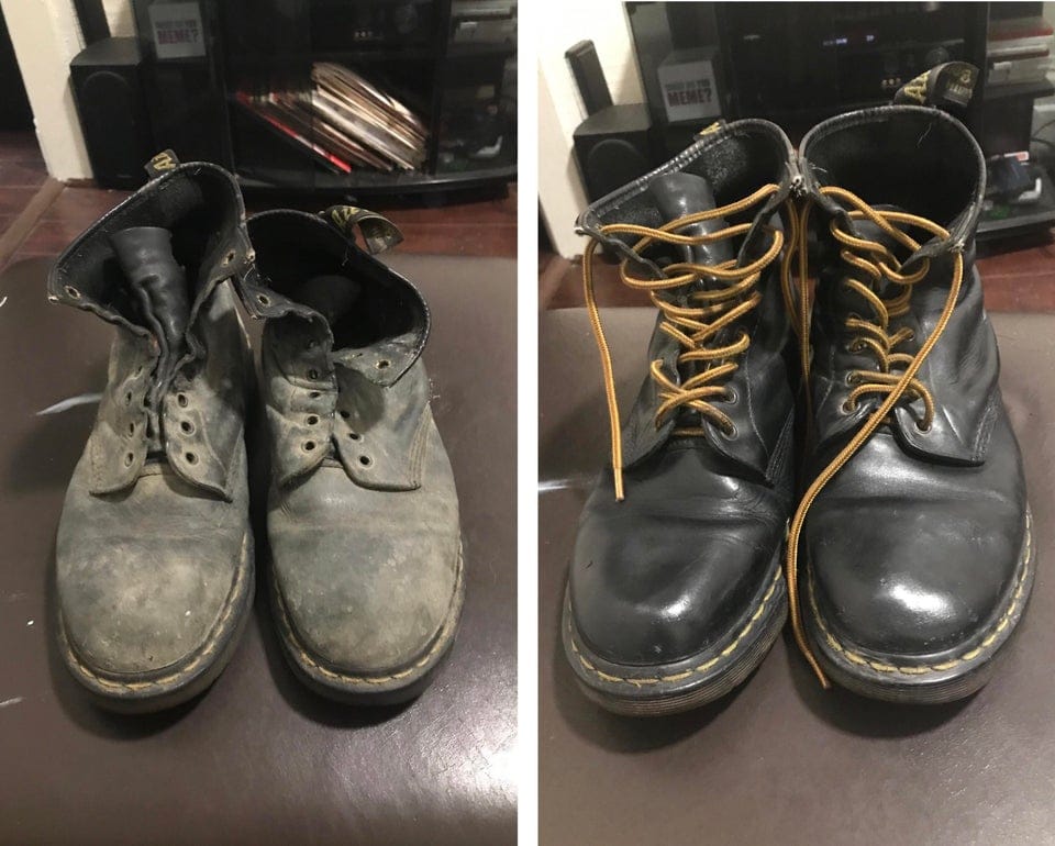 Une paire de Dr Martens avant et après restauration