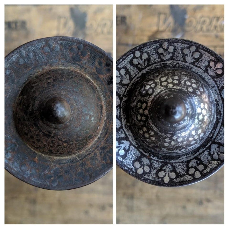 Le manche d'une ancienne épais avant et après restauration