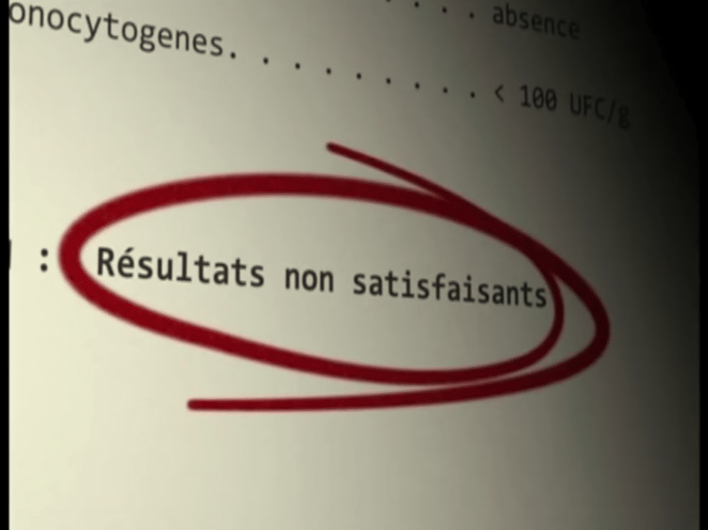 Les résultats du laboratoire qui prouvent que les sandwichs contiennent des bactéries intestinales.