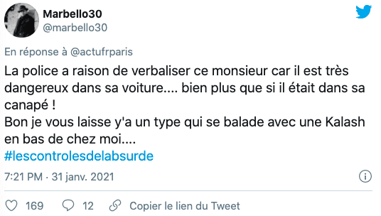 Tweet sur les verbalisations en Ile de France à cause du couvre-feu