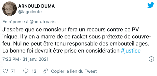 Tweet sur les verbalisations en Ile de France à cause du couvre-feu