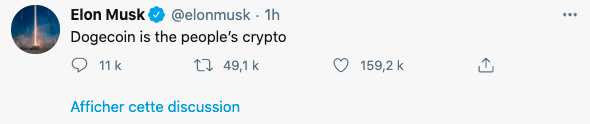 Tweet d'Elon Musk sur le Dogecoin