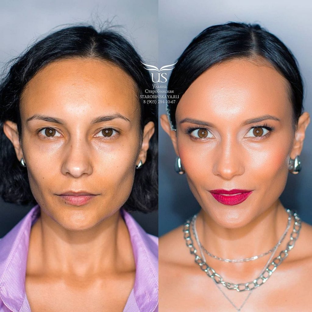 une femme avant et après le maquillage professionnel